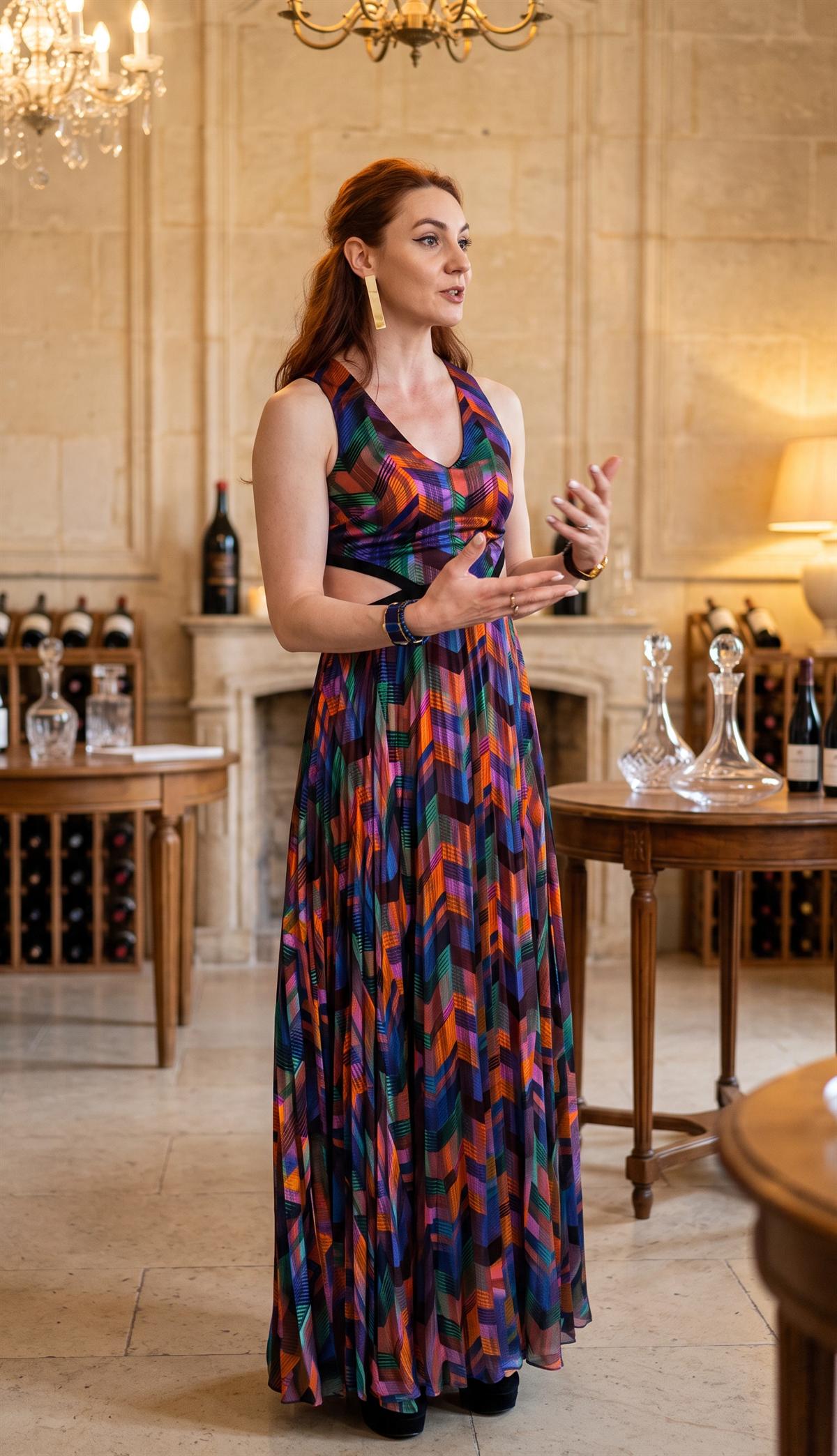 Sarah dans une salle de dégustation, carafes et bouteilles autour d'elle